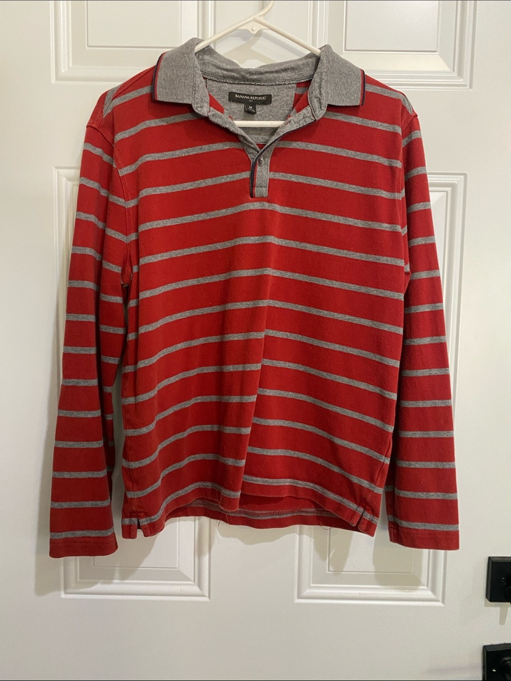 Banana Republic Red and Gray Striped Long Sleeve Polo Shirt